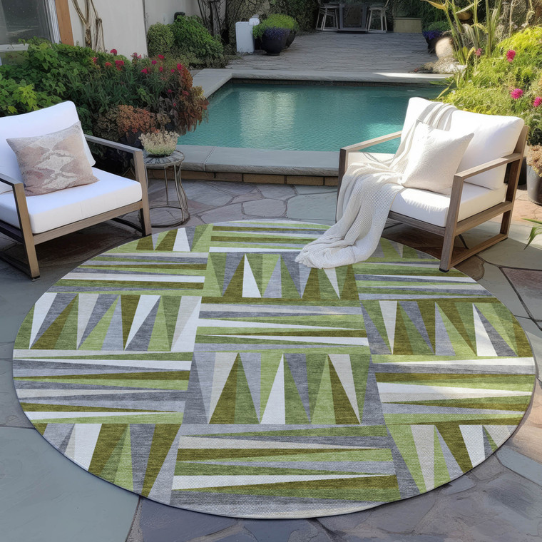 8' Green Gray And Ivory Round Geometric Washable Indoor Outdoor Area Rug