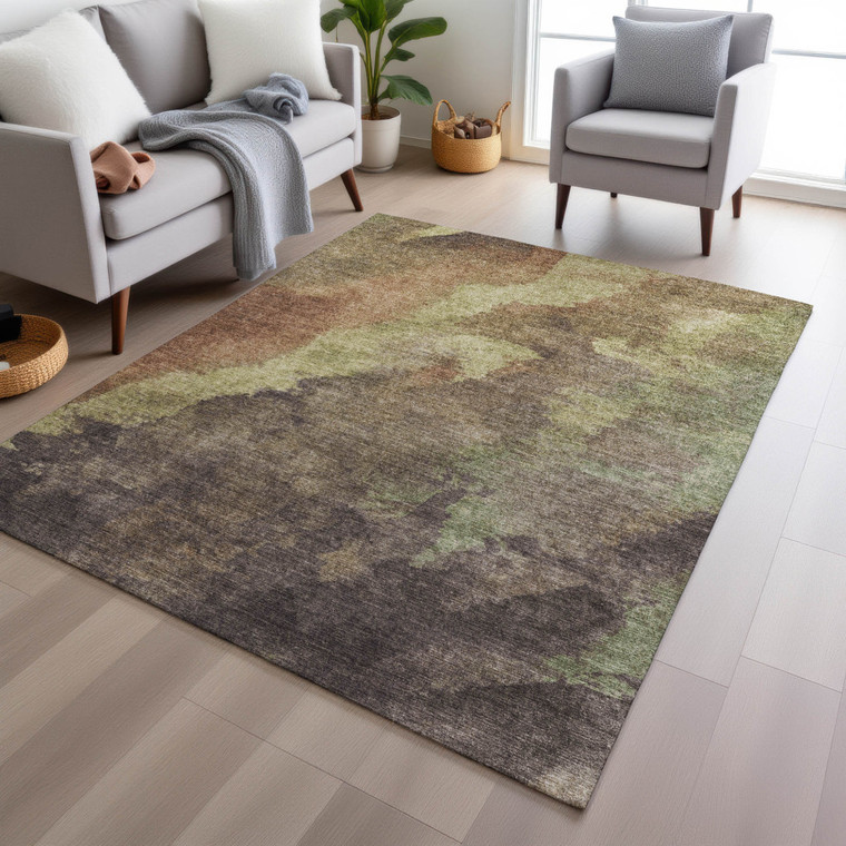 8' X 10' Brown And Fern Green Abstract Washable Indoor Outdoor Area Rug