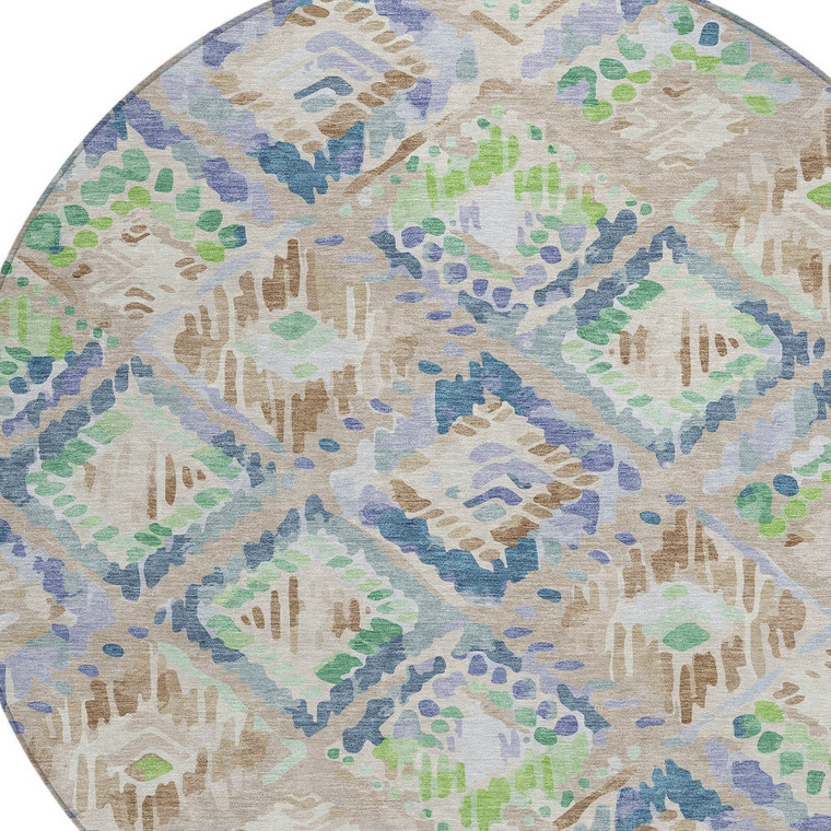 8' Beige Blue And Green Round Geometric Washable Indoor Outdoor Area Rug