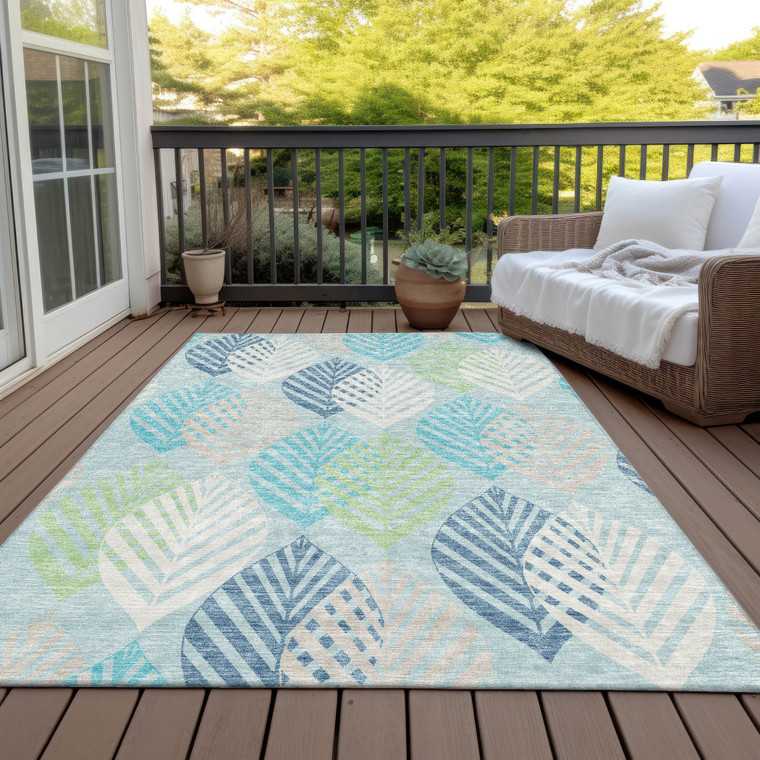 9' X 12' Teal Blue Aqua And Navy Blue Floral Washable Indoor Outdoor Area Rug