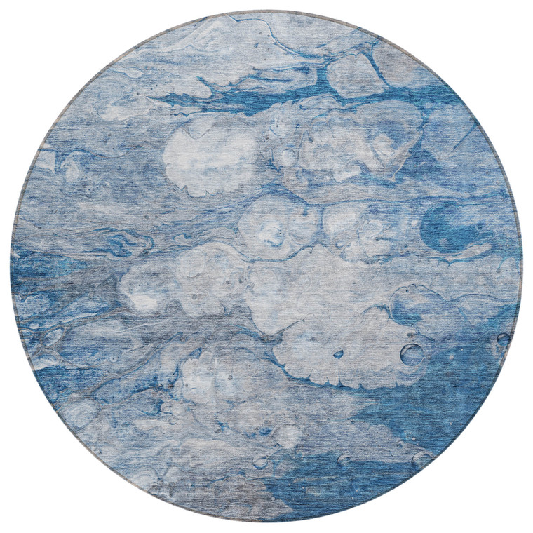 8' Denim Blue And Sky Blue Round Abstract Washable Indoor Outdoor Area Rug Transitional Style - Denim Blue, Sky Blue Color