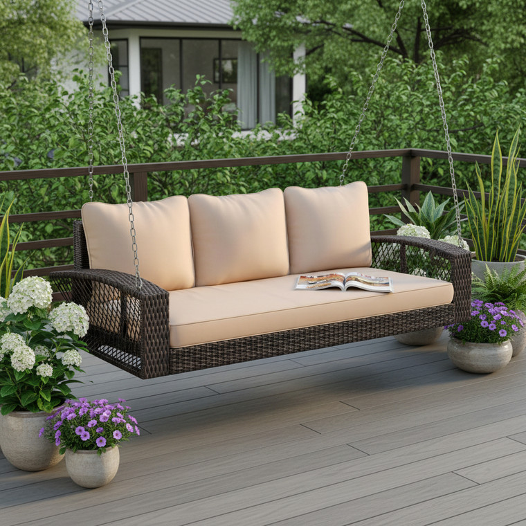 69" Brown Woven Rattan Outdoor Swing Chair with Beige Cushions