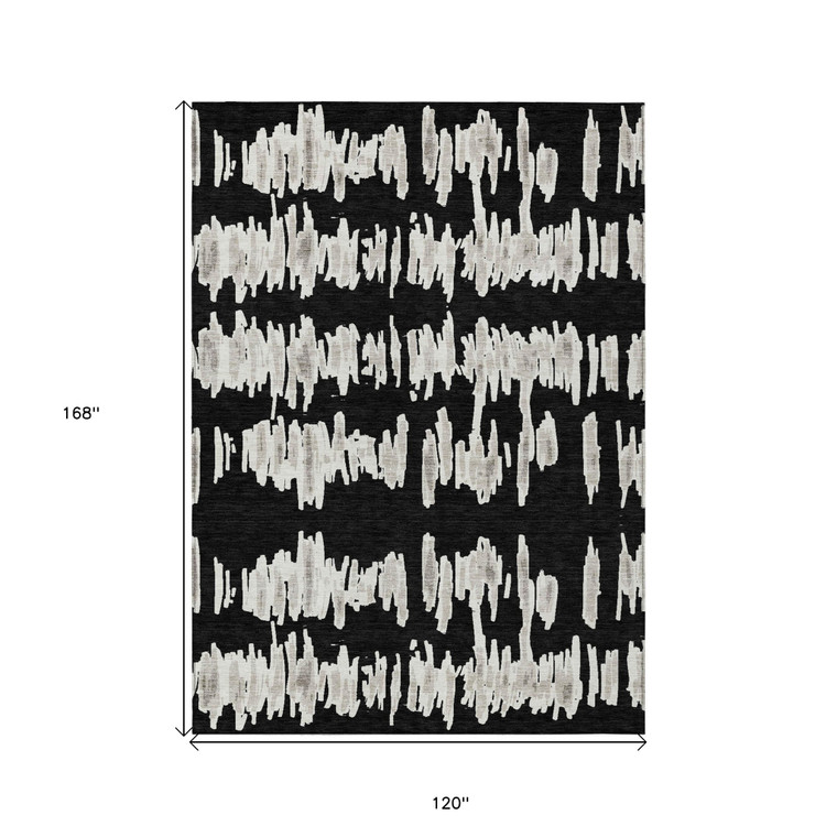 10' X 14' Black Ivory And Gray Striped Washable Indoor Outdoor Area Rug - Black, Ivory, Gray