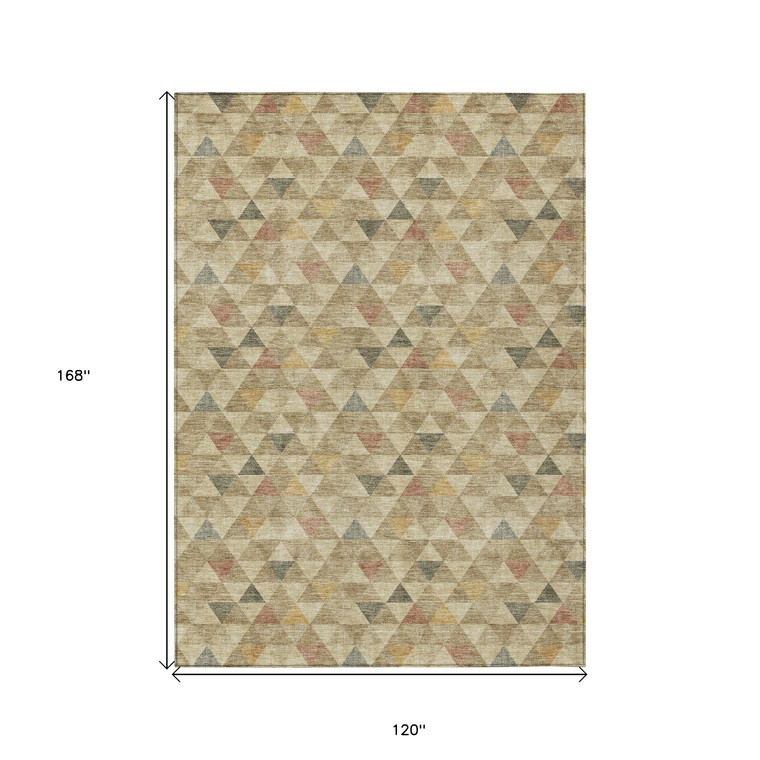 10' X 14' Beige Tan And Taupe Geometric Washable Indoor Outdoor Area Rug