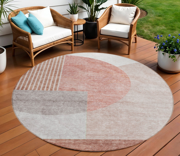8' Copper Red And Gray Round Geometric Washable Indoor Outdoor Area Rug