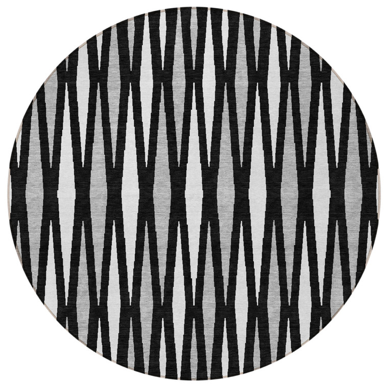 8' Black Ivory And Gray Round Geometric Washable Indoor Outdoor Area Rug