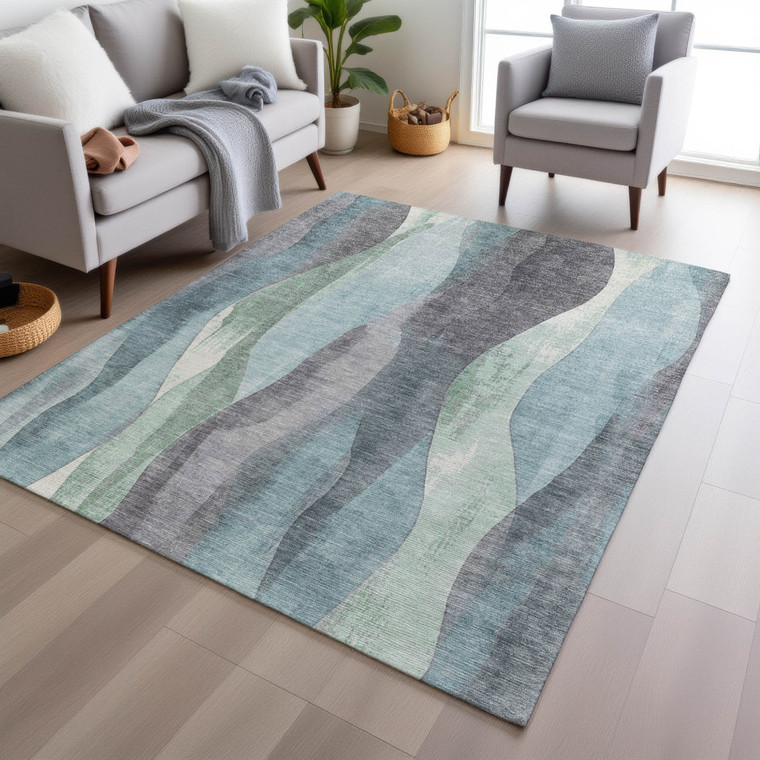 8' X 10' Teal Blue And Fern Green Abstract Washable Indoor Outdoor Area Rug