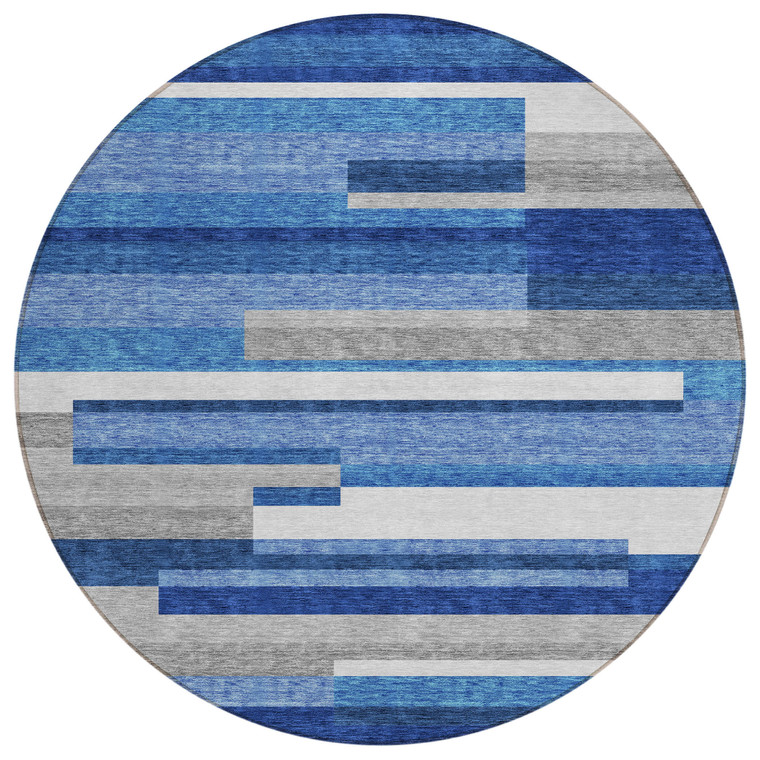 8' Navy Blue And Denim Blue Round Striped Washable Indoor Outdoor Area Rug