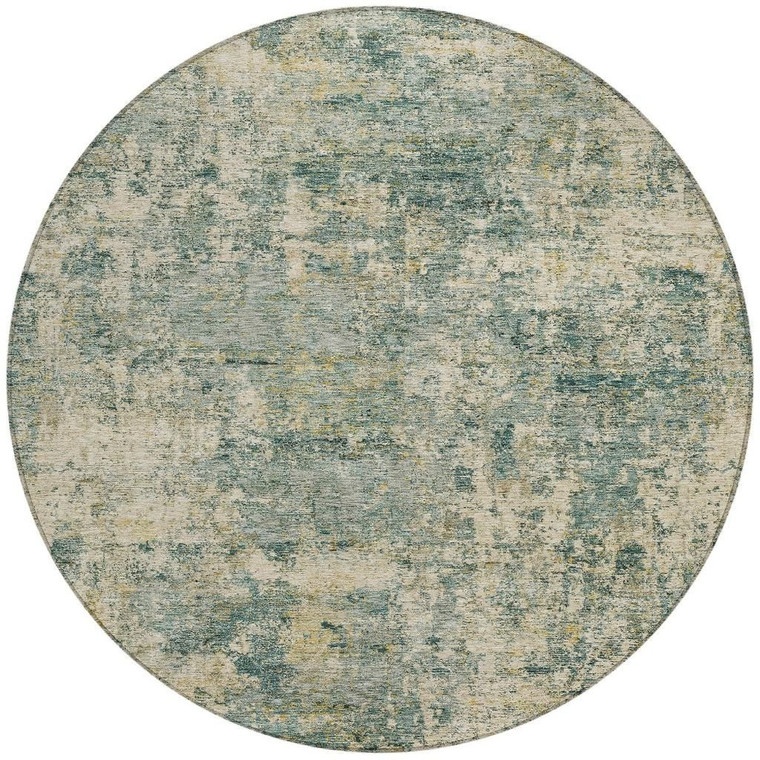 8' Artichoke Green And Teal Blue Round Abstract Washable Indoor Outdoor Area Rug