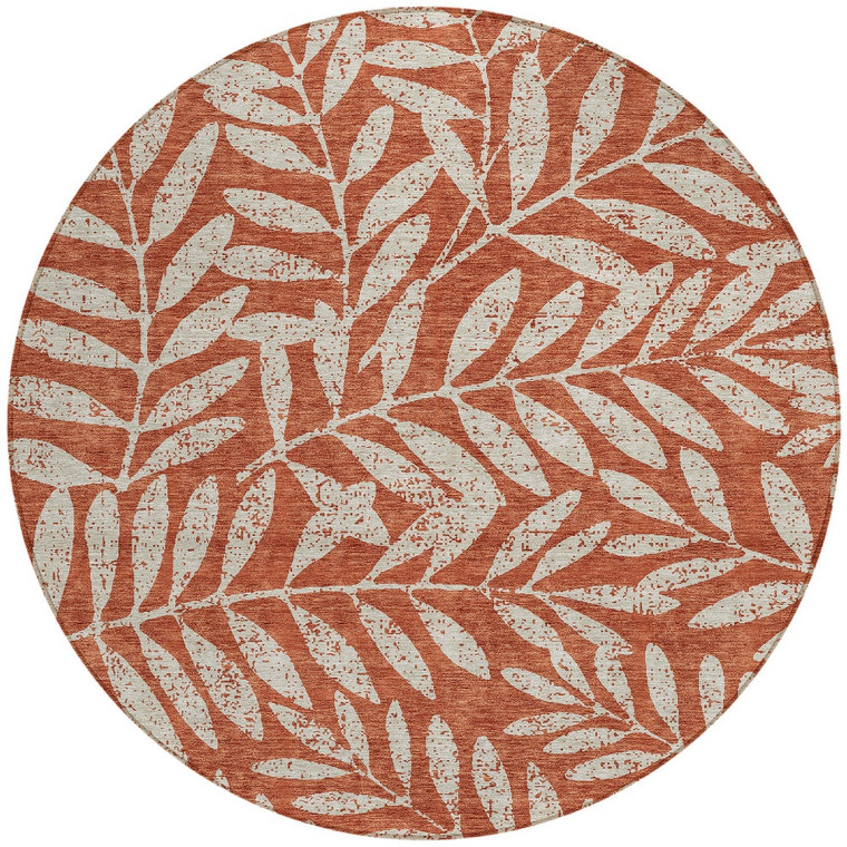 8' Orange And Ivory Round Floral Washable Indoor Outdoor Area Rug