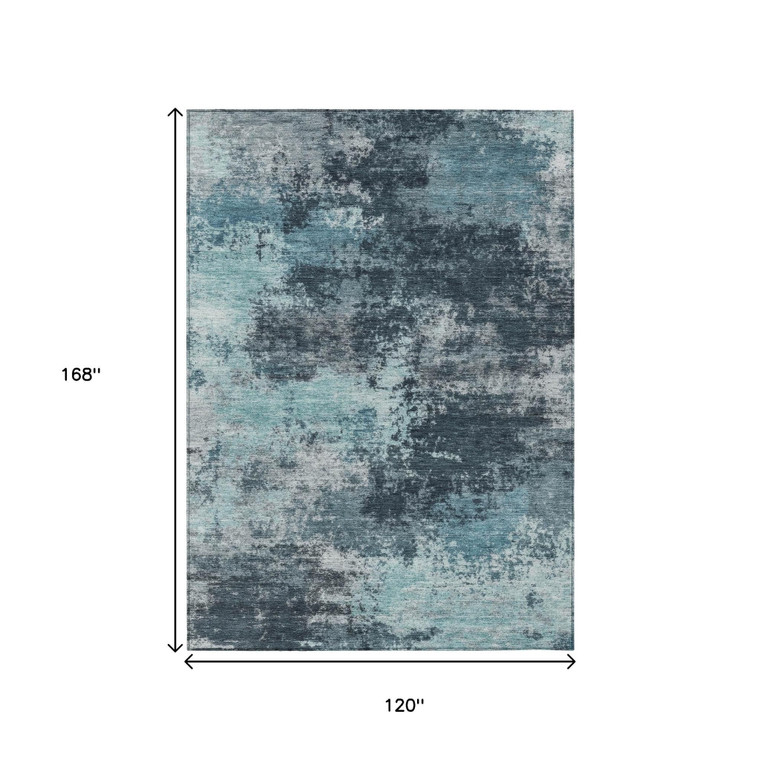10' X 14' Teal Blue And Navy Blue Abstract Washable Indoor Outdoor Area Rug