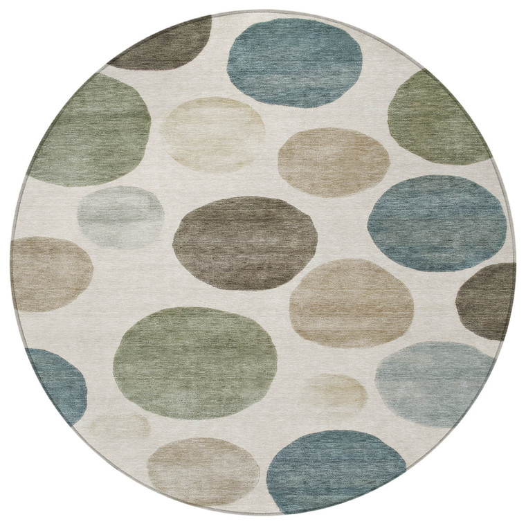 8' Ivory Fern Green And Teal Blue Round Geometric Washable Indoor Outdoor Area Rug