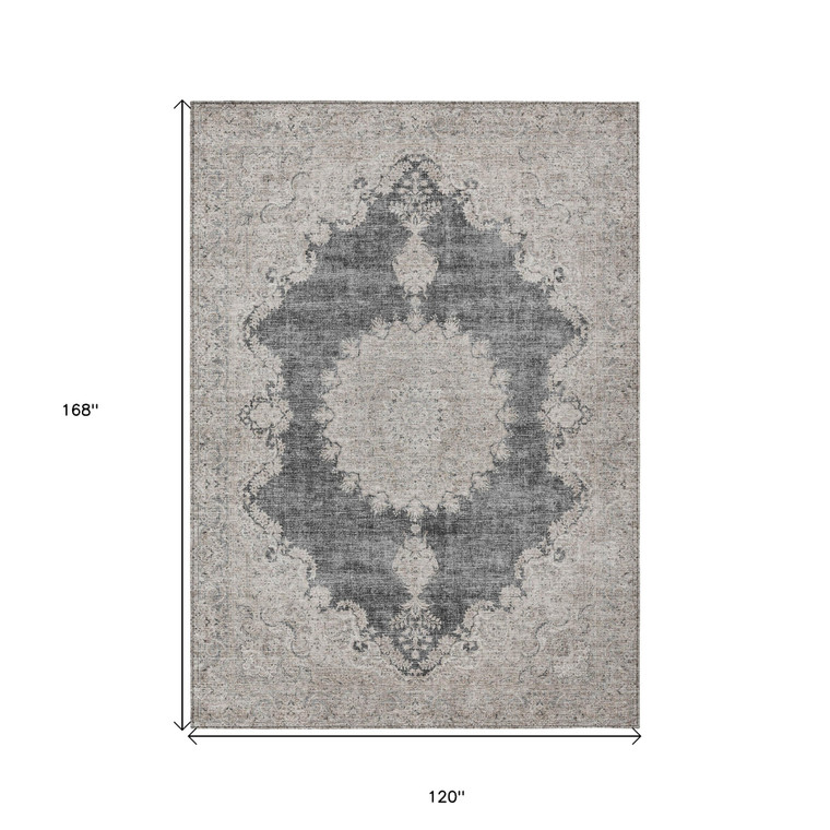 10' X 14' Black And Ivory Oriental Washable Indoor Outdoor Area Rug