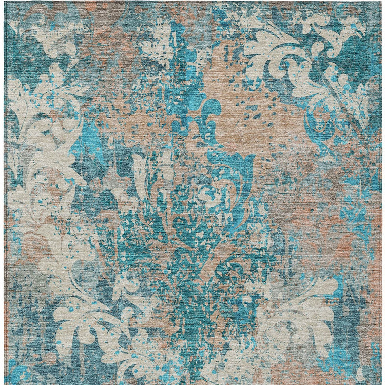 9' X 12' Teal Blue Ivory And Light Brown Damask Washable Indoor Outdoor Area Rug