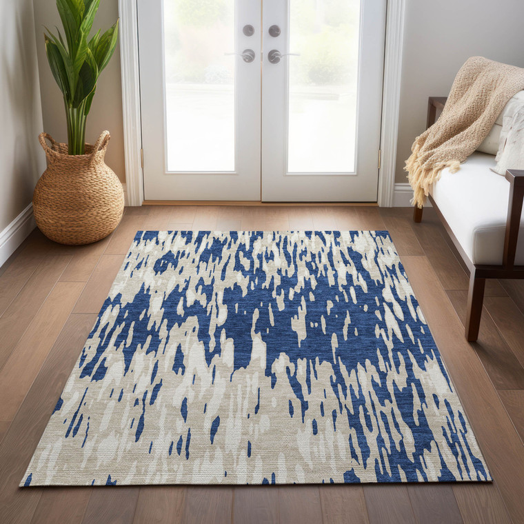 8' X 10' Navy Blue And Ivory Abstract Washable Indoor Outdoor Area Rug Transitional Style - Navy Blue, Ivory Color