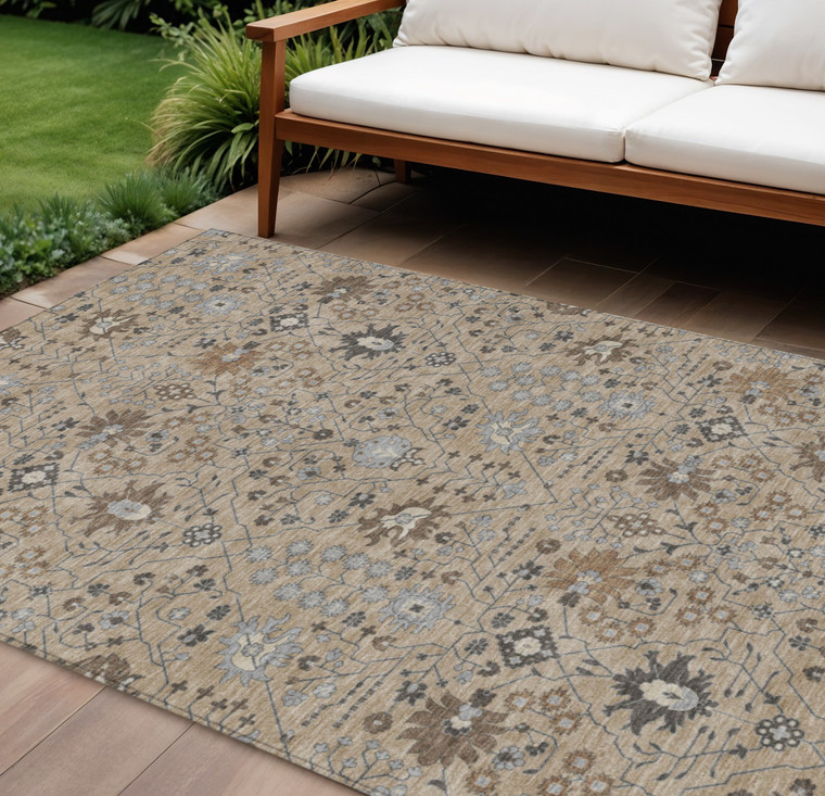 9' X 12' Taupe Brown And Gray Oriental Washable Indoor Outdoor Area Rug - Taupe, Brown, Gray