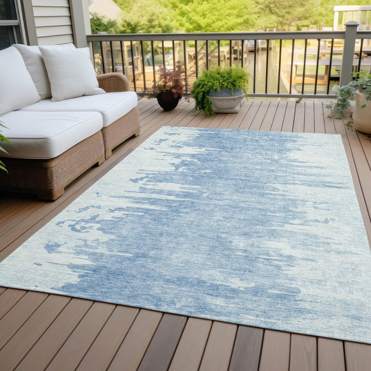 9' X 12' Sky Blue And Denim Blue Abstract Washable Indoor Outdoor Area Rug