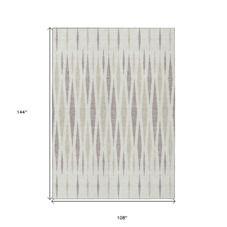 9' X 12' Ivory Brown And Beige Geometric Washable Indoor Outdoor Area Rug