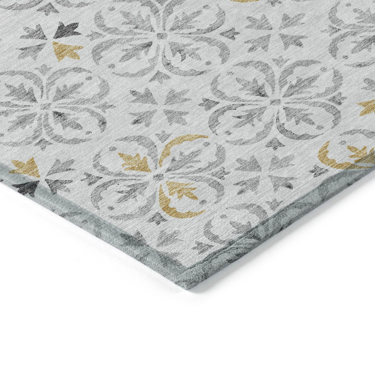 8' X 10' Silver Gray And Gold Floral Washable Indoor Outdoor Area Rug Transitional Style - Silver, Gray, Gold Color