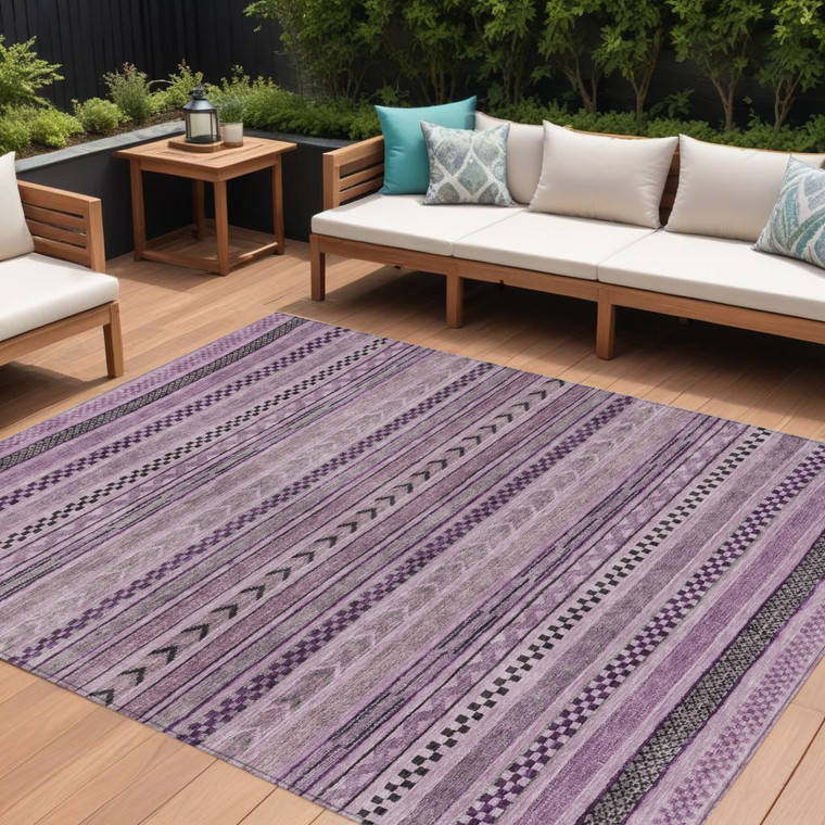 8' X 10' Plum And Lilac Striped Washable Indoor Outdoor Area Rug