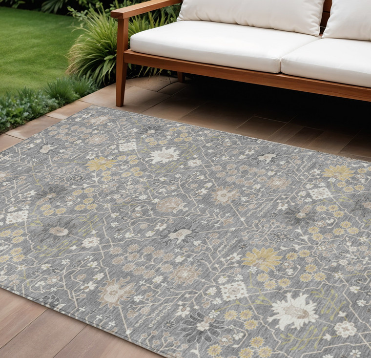 10' X 14' Gray Gold And Ivory Oriental Washable Indoor Outdoor Area Rug