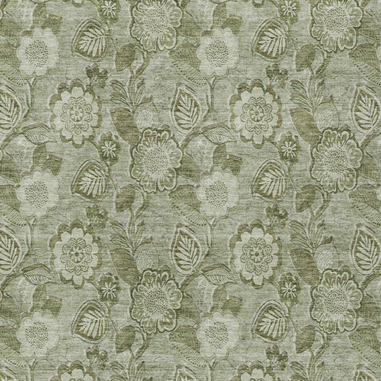 8' X 10' Artichoke Green And Fern Green Floral Washable Indoor Outdoor Area Rug