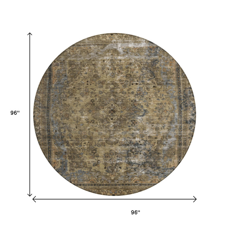 8' Brown And Denim Blue Round Medallion Washable Indoor Outdoor Area Rug