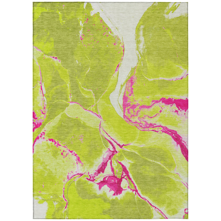 8' X 10' Lime Green Neon Pink And Ivory Abstract Washable Indoor Outdoor Area Rug