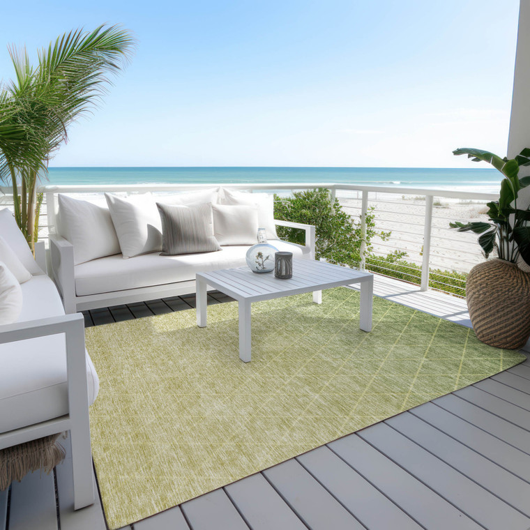 8' X 10' Artichoke Green And Beige Geometric Washable Indoor Outdoor Area Rug