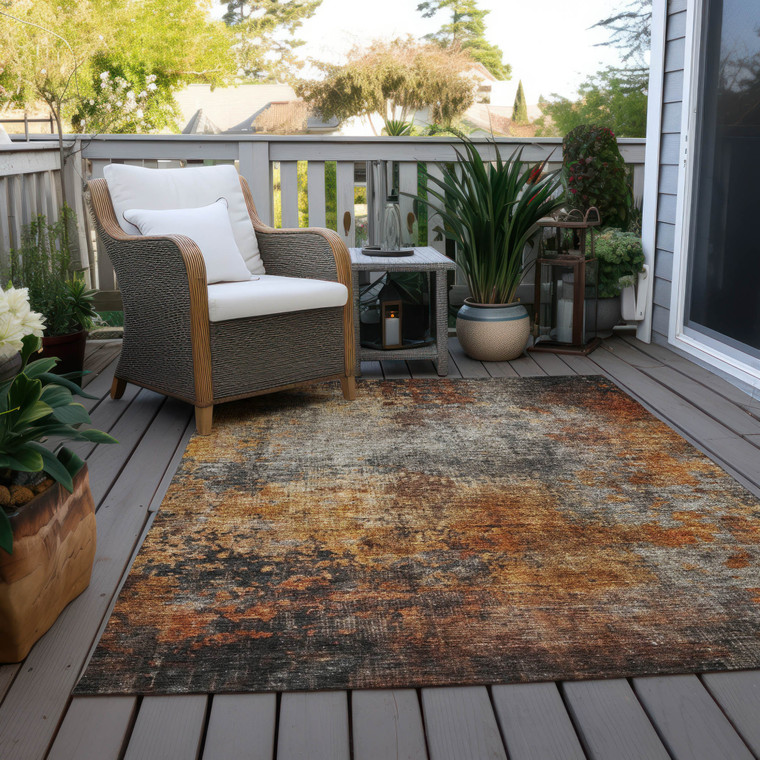 10' X 14' Copper Terra Cotta And Black Abstract Washable Indoor Outdoor Area Rug