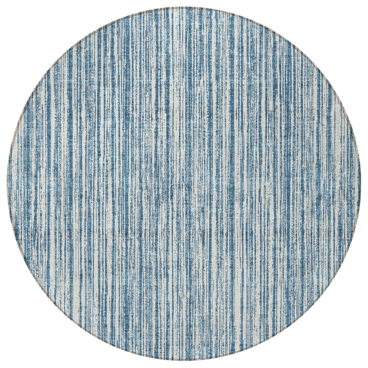 8' Blue And Ivory Round Striped Washable Indoor Outdoor Area Rug