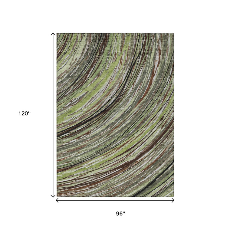 8' X 10' Artichoke Green Brown And Ivory Abstract Washable Indoor Outdoor Area Rug