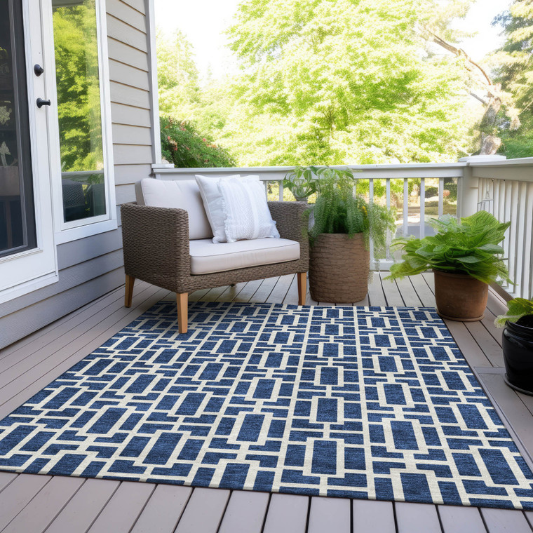 9' X 12' Navy Blue And Ivory Geometric Washable Indoor Outdoor Area Rug Transitional Style - Navy Blue, Ivory Color