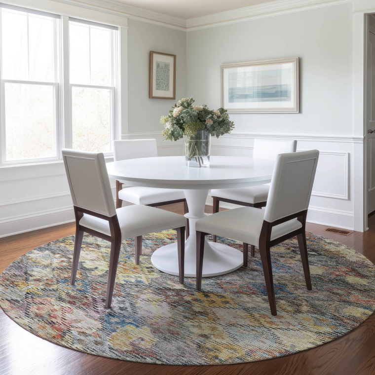 8' Gold Blue And Brown Round Floral Washable Indoor Outdoor Area Rug
