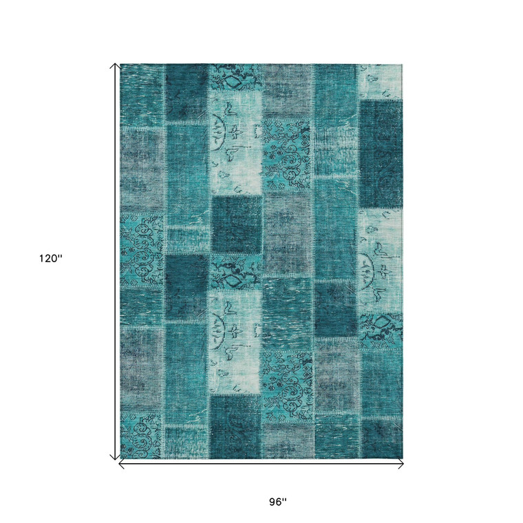 8' X 10' Teal Blue Aqua And Turquoise Patchwork Washable Indoor Outdoor Area Rug