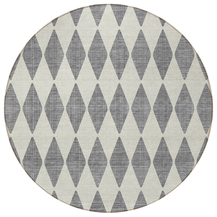 8' Gray And Ivory Round Geometric Washable Indoor Outdoor Area Rug - Gray, Ivory