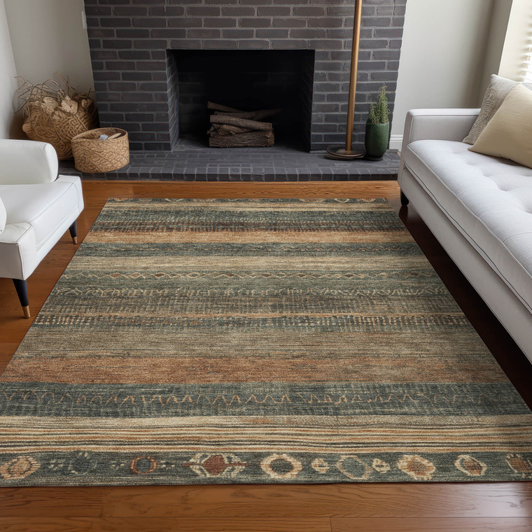 10' X 14' Fern Green And Rust Aztec Washable Indoor Outdoor Area Rug