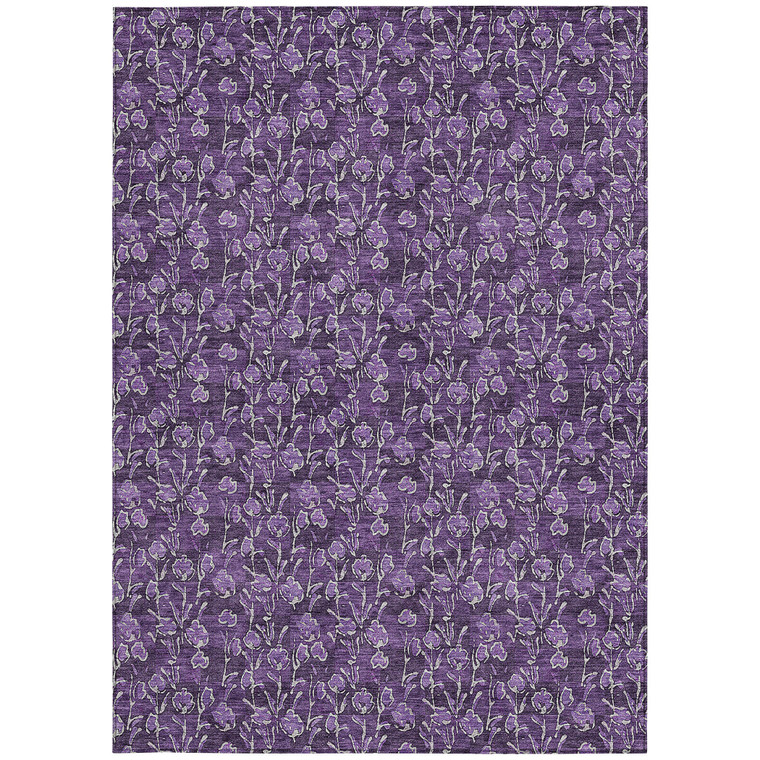 9' X 12' Purple Eggplant And Ivory Floral Washable Indoor Outdoor Area Rug