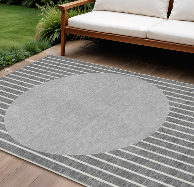 10' X 14' Gray And Ivory Striped Washable Indoor Outdoor Area Rug Transitional Style - Gray, Ivory Color