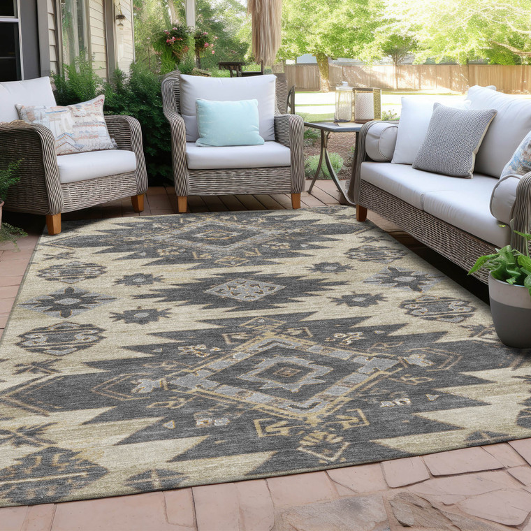 9' X 12' Beige And Gray Tribal Washable Indoor Outdoor Area Rug