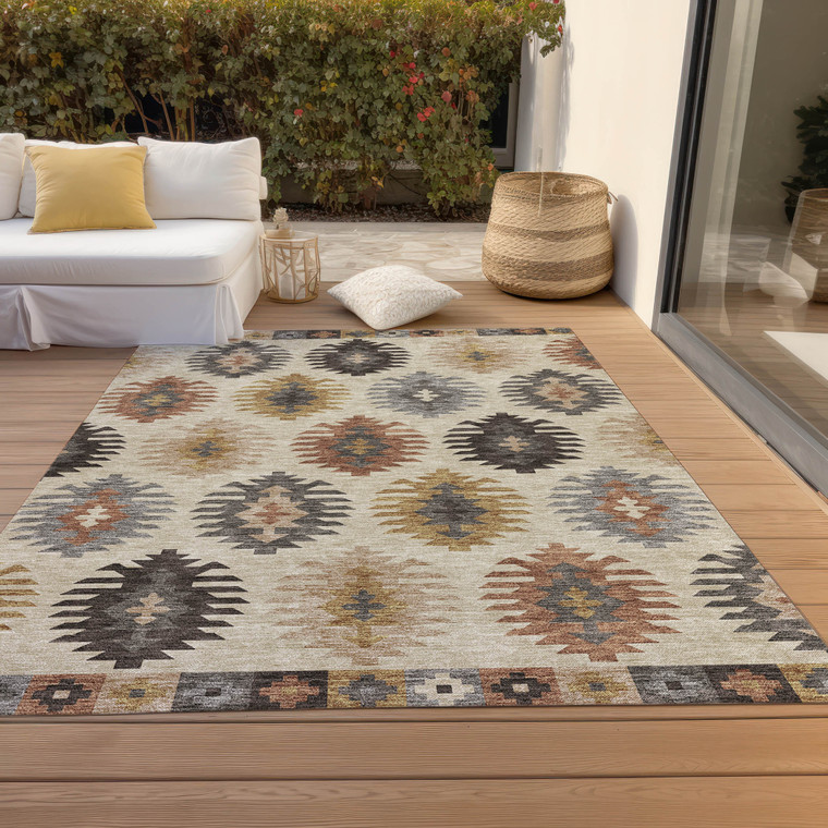 9' X 12' Beige Copper And Gray Southwestern Washable Indoor Outdoor Area Rug