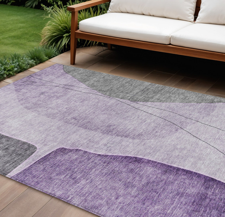 9' X 12' Purple Eggplant And Gray Abstract Washable Indoor Outdoor Area Rug