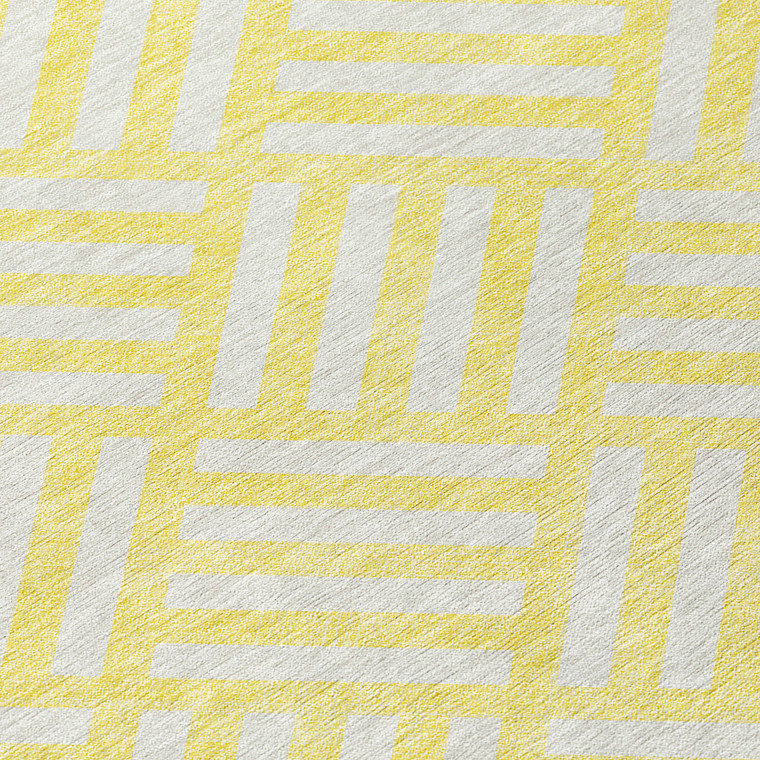 8' Yellow And Ivory Round Geometric Washable Indoor Outdoor Area Rug