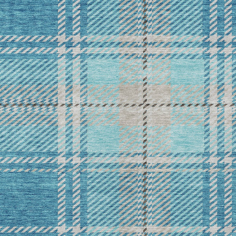9' X 12' Teal Blue Gray And Brown Plaid Washable Indoor Outdoor Area Rug