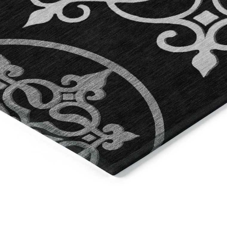 10' X 14' Black Gray And Ivory Floral Medallion Washable Indoor Outdoor Area Rug