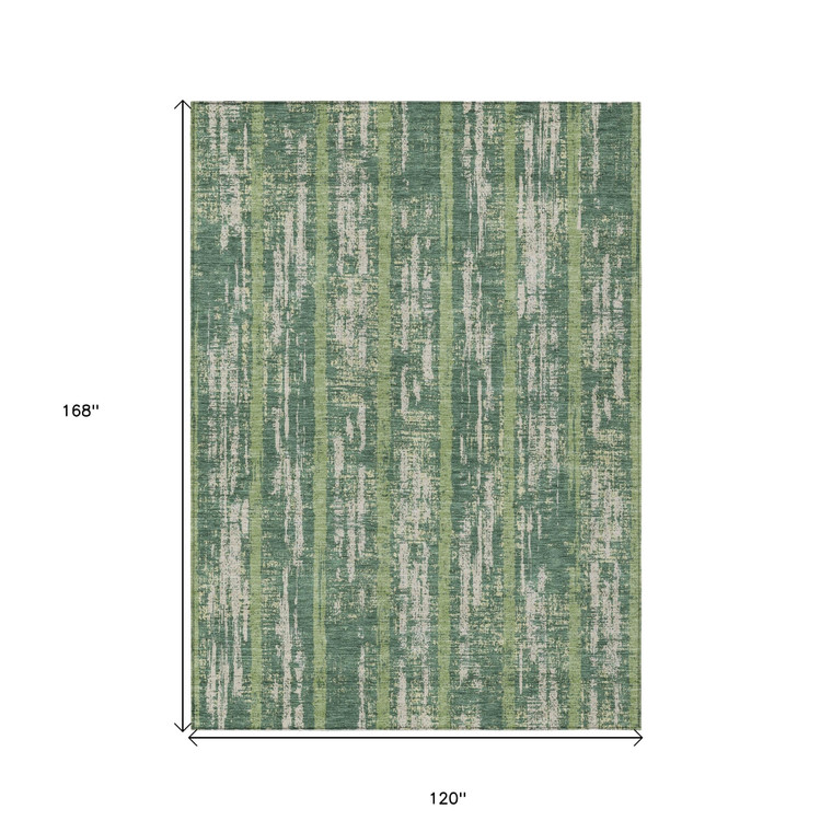10' X 14' Green And Ivory Striped Washable Indoor Outdoor Area Rug Transitional Style - Green, Ivory Color