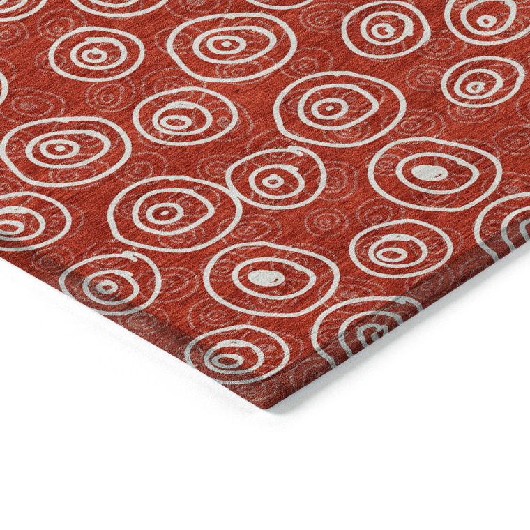 8' Red And Ivory Round Geometric Washable Indoor Outdoor Area Rug - Red, Ivory