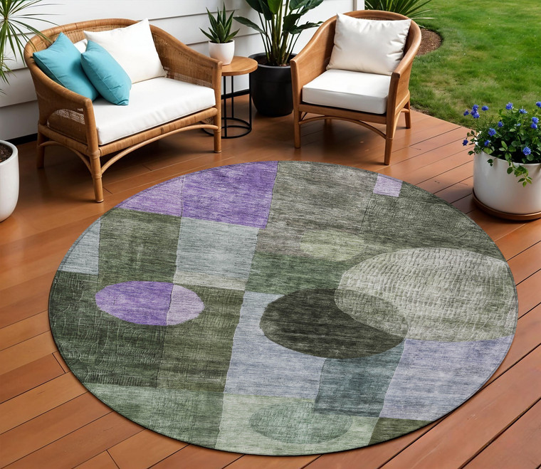 8' Olive Green Charcoal And Purple Round Geometric Washable Indoor Outdoor Area Rug