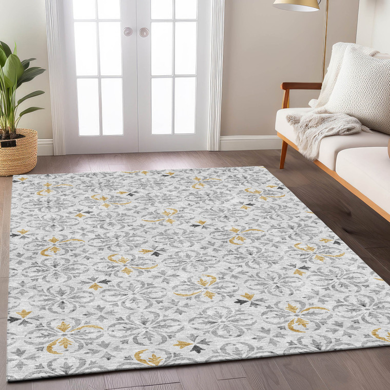 10' X 14' Silver Gray And Gold Floral Washable Indoor Outdoor Area Rug - 606114936459