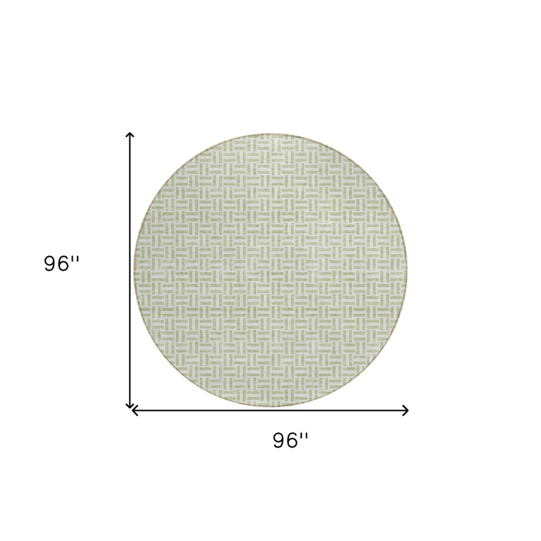 8' Artichoke Green And Gray Round Geometric Washable Indoor Outdoor Area Rug